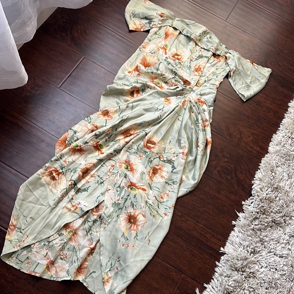 Pretty Little Things Sage Satin Floral Drape Bardot Dress - Picture 6 of 8
